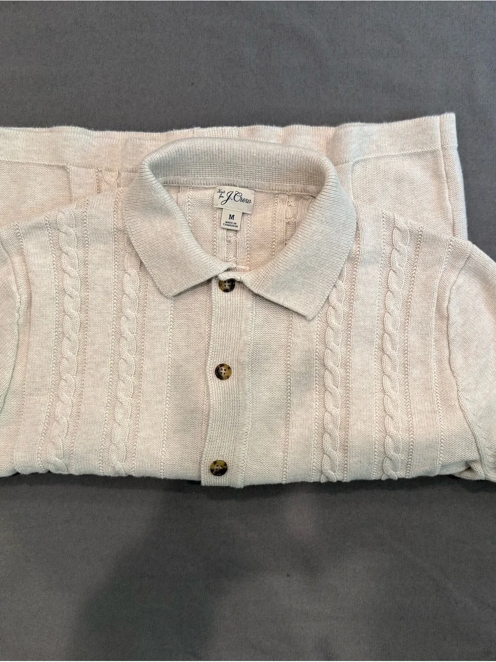J. Crew Men's Cream Cable Knit Polo-Collar Button Front Sweater Summer Casual M